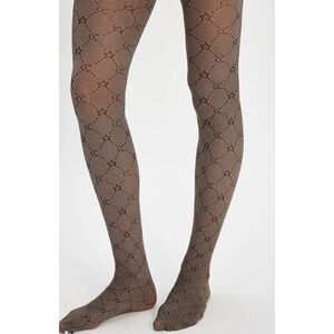 Free People Starcrossed Monogrammed Sheer Black Tights NEW Hansel From Basel M/L